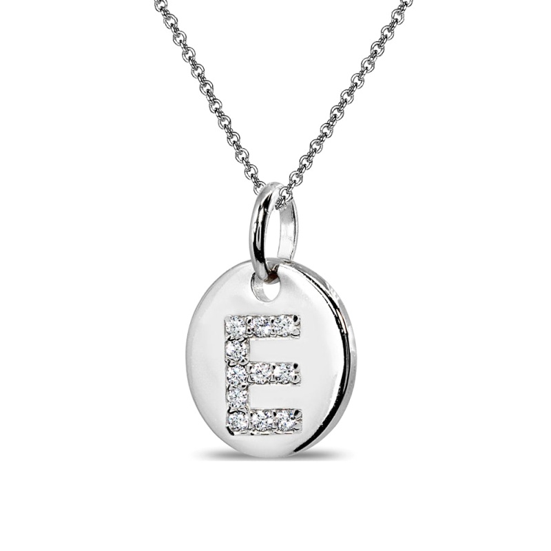 Sterling Silver E Letter Cz Initial Alphabet Name Personalized Pendant Necklace, 15” + Extender