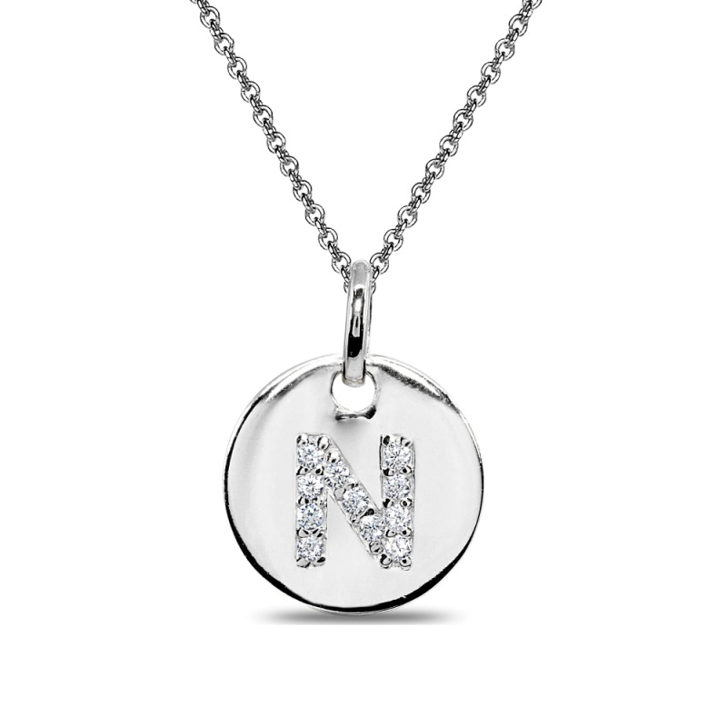 Sterling Silver N Letter Cz Initial Alphabet Name Personalized Pendant Necklace, 15” + Extender