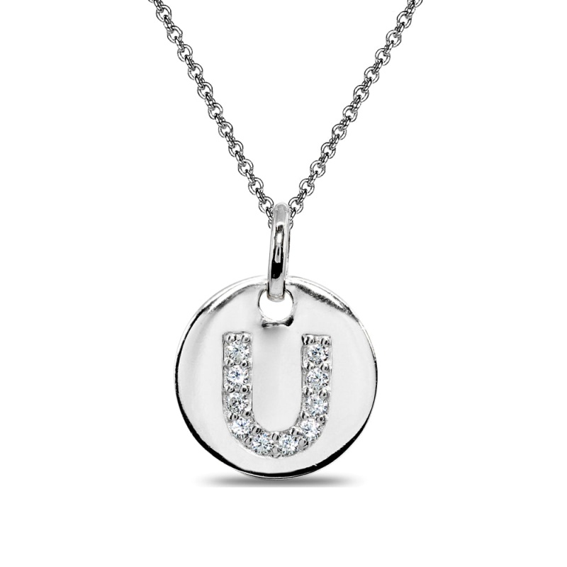 Sterling Silver U Letter Cz Initial Alphabet Name Personalized Pendant Necklace, 15” + Extender