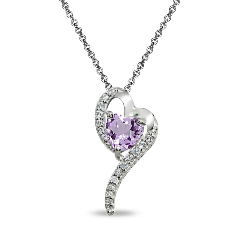Sterling Silver Amethyst Heart Slide Pendant Necklace With Cubic Zirconia Accents