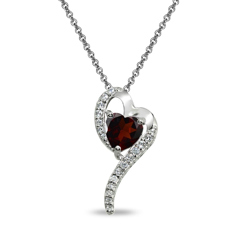 Sterling Silver Garnet Heart Slide Pendant Necklace With Cubic Zirconia Accents