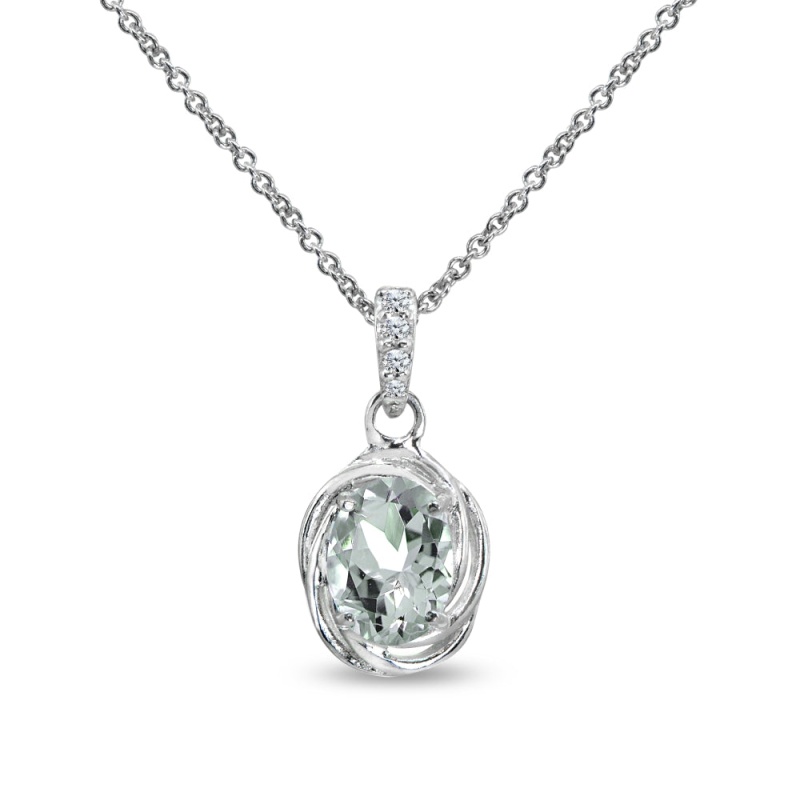 Sterling Silver Light Aquamarine & Cubic Zirconia 8X6mm Oval Love Knot Pendant Necklace