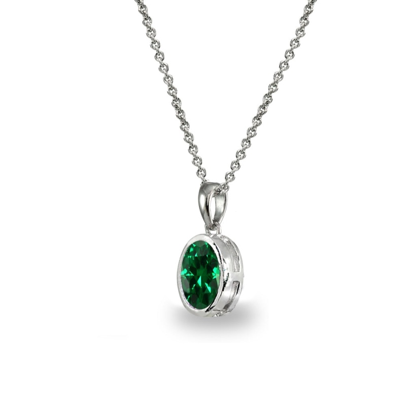 Sterling Silver Simulated Emerald 8X6mm Oval-Cut Bezel-Set Dainty Pendant Necklace