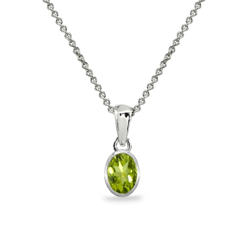 Sterling Silver Peridot 8X6mm Oval-Cut Bezel-Set Dainty Pendant Necklace