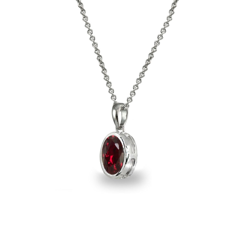 Sterling Silver Created Ruby 8X6mm Oval-Cut Bezel-Set Dainty Pendant Necklace