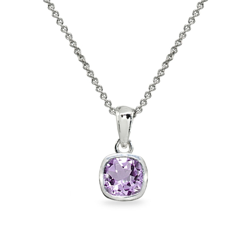 Sterling Silver Amethyst 7Mm Cushion-Cut Bezel-Set Dainty Pendant Necklace