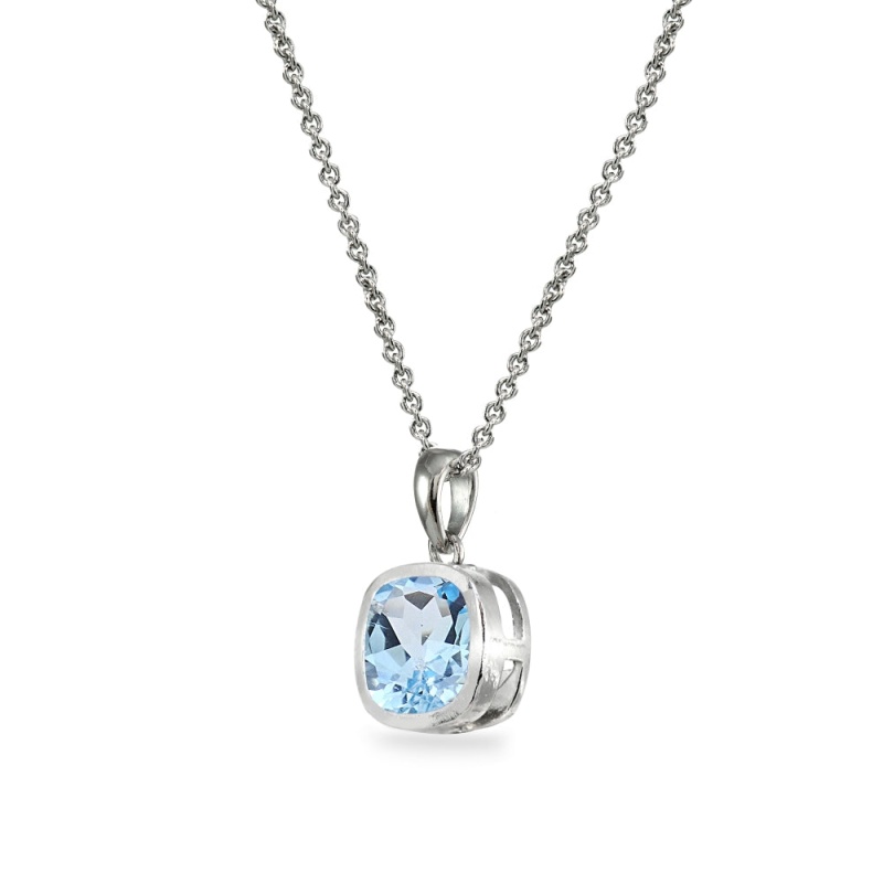 Sterling Silver Blue Topaz 7Mm Cushion-Cut Bezel-Set Dainty Pendant Necklace