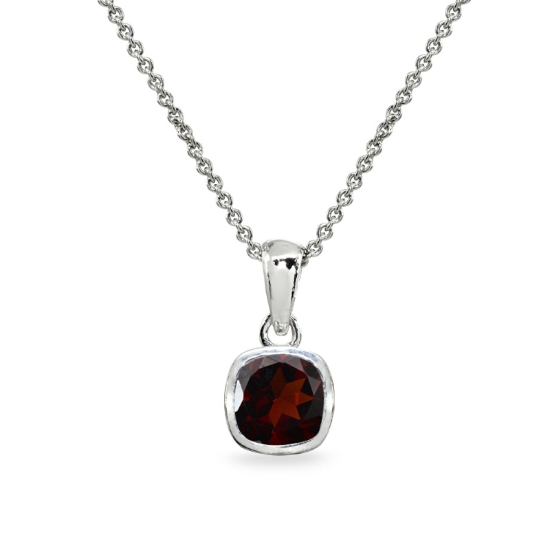 Sterling Silver Garnet 7Mm Cushion-Cut Bezel-Set Dainty Pendant Necklace