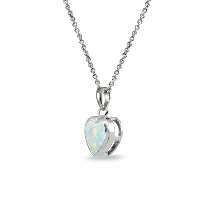 Sterling Silver Created White Opal 7Mm Heart Bezel-Set Dainty Pendant Necklace
