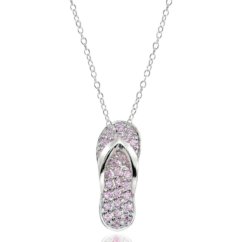 Sterling Silver Pink Cubic Zirconia Flip-Flop Beach Sandal Necklace