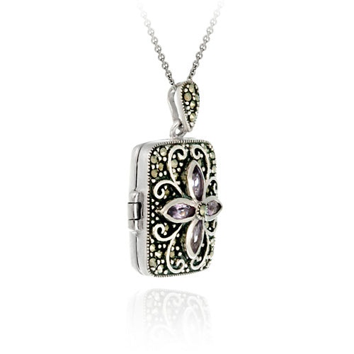 Sterling Silver Genuine Amethyst Flower Marcasite Locket Necklace