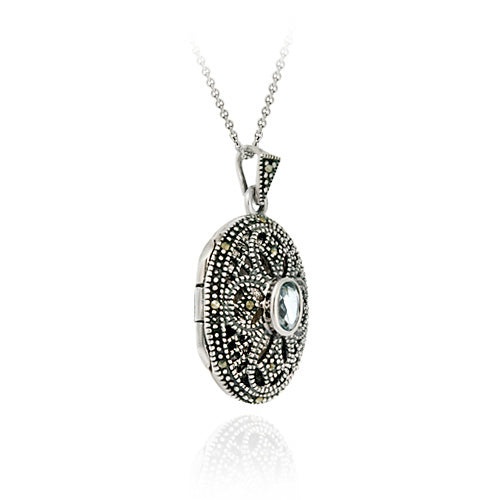 Sterling Silver Filigree Marcasite & Genuine Blue Topaz Cross Locket