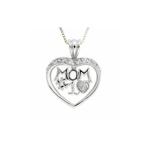 Sterling Silver Cz Dangling "Mom #1" Open Heart Pendant