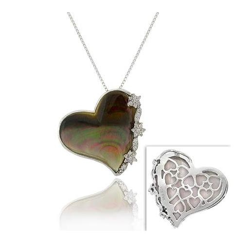 Sterling Silver .925 Genuine Gray Mop Inlay Created Diamond Cz Flower Heart Filigree Slide/Pendant