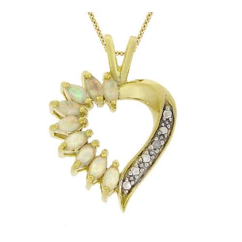 18K Gold Over Silver Genuine Diamond Accent & Created Opal Heart Pendant