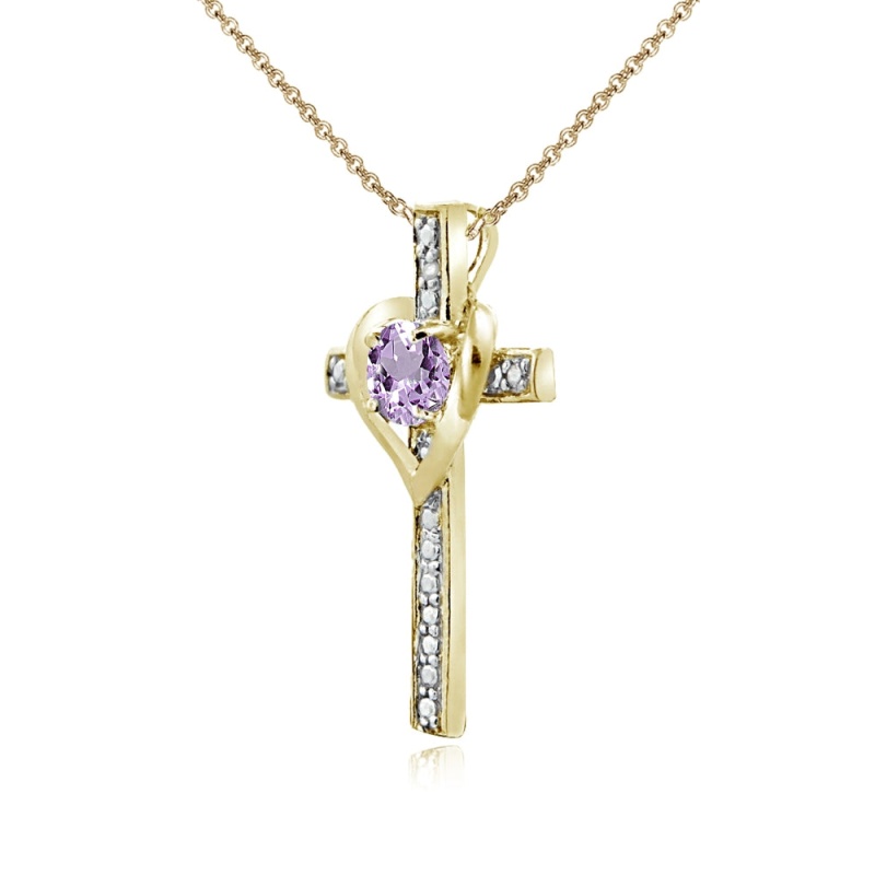 Yellow Gold Flashed Sterling Silver Amethyst Cross Heart Pendant Necklace For Girls, Teens Or Women