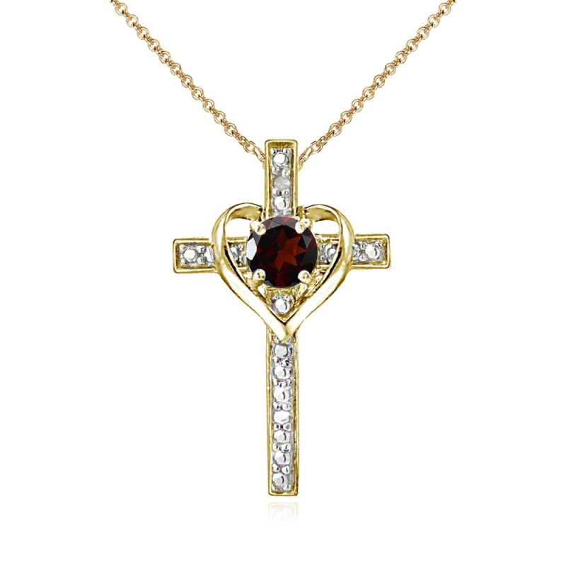 Yellow Gold Flashed Sterling Silver Garnet Cross Heart Pendant Necklace For Girls, Teens Or Women