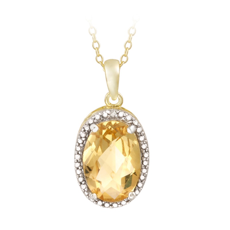 18K Gold Over Sterling Silver 4Ct Citrine & Diamond Accent Oval Necklace