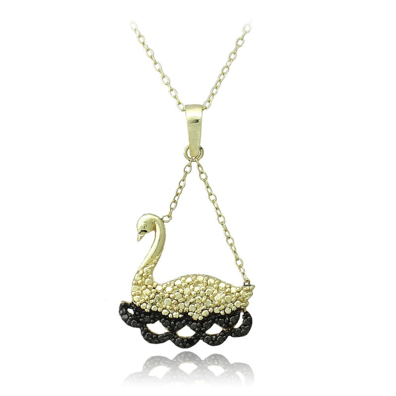 18K Gold Over Sterling Silver Black Diamond Accent Swimming Swan Necklace