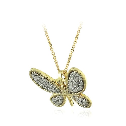 18K Gold Over Sterling Silver 1/10Ct Diamond Butterfly Pendant