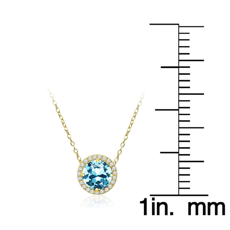 Yellow Gold Flashed Sterling Silver Created Aquamarine And Cubic Zirconia Round Halo Necklace