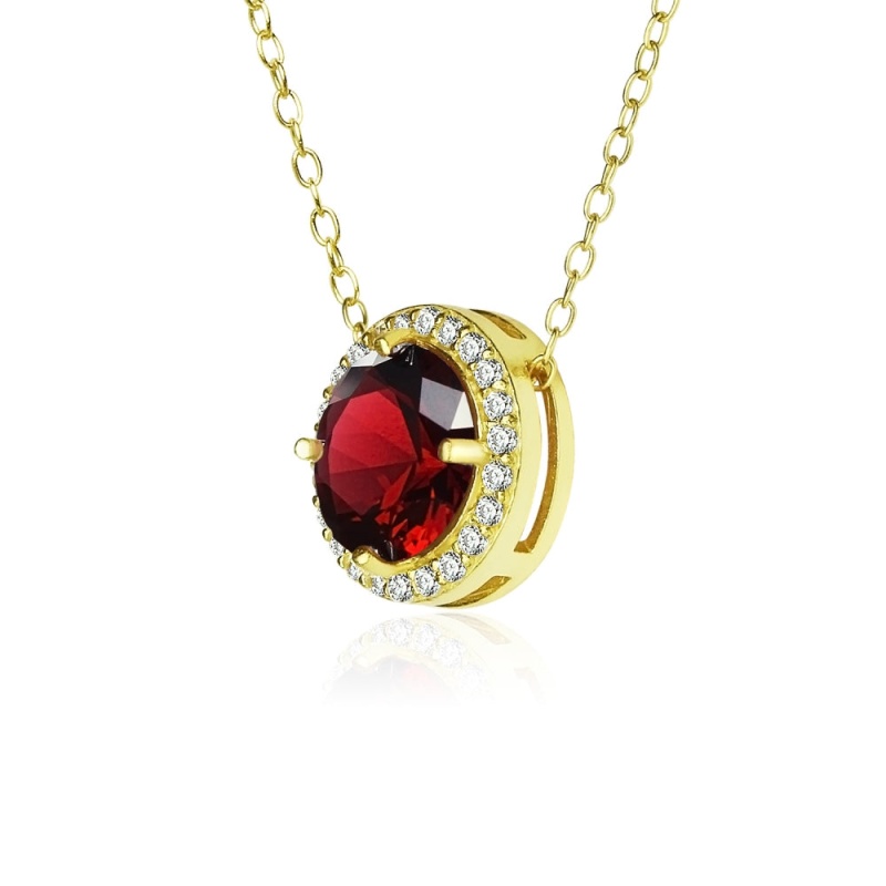 Yellow Gold Flashed Sterling Silver Created Garnet And Cubic Zirconia Round Halo Necklace