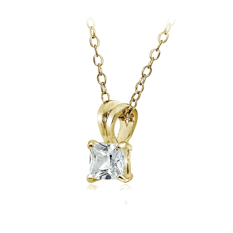 Gold Tone Over Sterling Silver 3/4Ct Cubic Zirconia 5Mm Square Solitaire Necklace