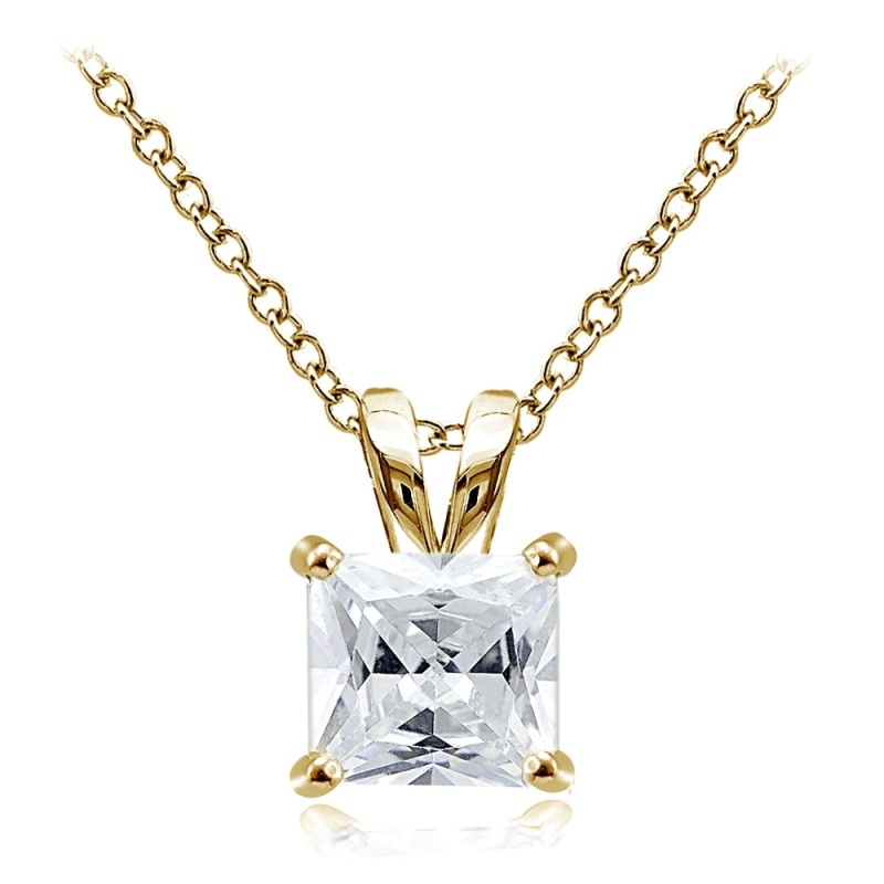 Gold Tone Over Sterling Silver 5.5Ct Cubic Zirconia 10Mm Square Solitaire Necklace