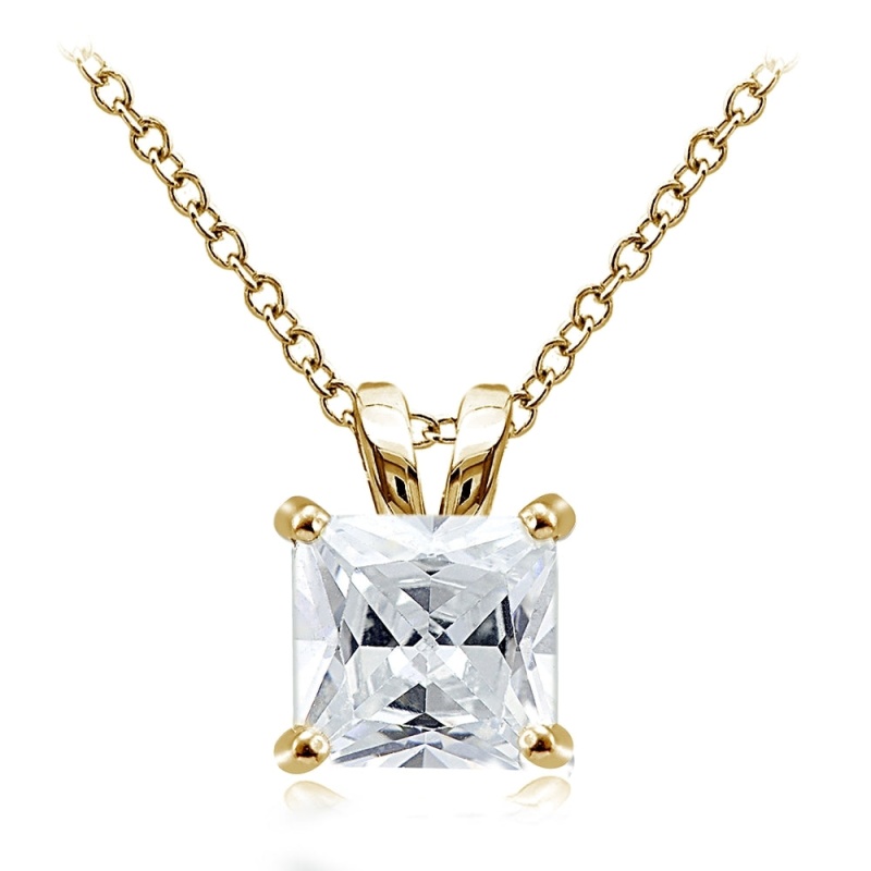 Gold Tone Over Sterling Silver 9.5Ct Cubic Zirconia 12Mm Square Solitaire Necklace