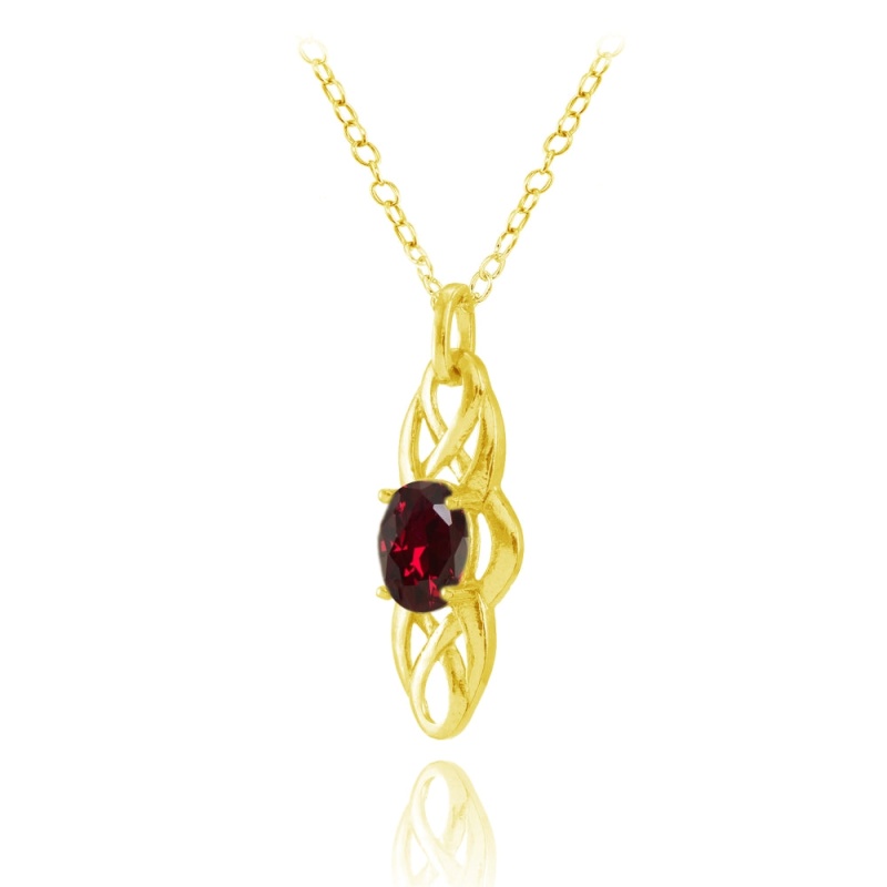 Yellow Gold Flashed Sterling Silver Created Ruby Celtic Knot Oval Drop Necklace