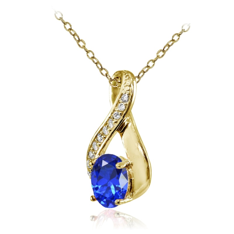 Yellow Gold Flashed Sterling Silver Created Blue Sapphire Oval Infinity And Cz Accents Necklace