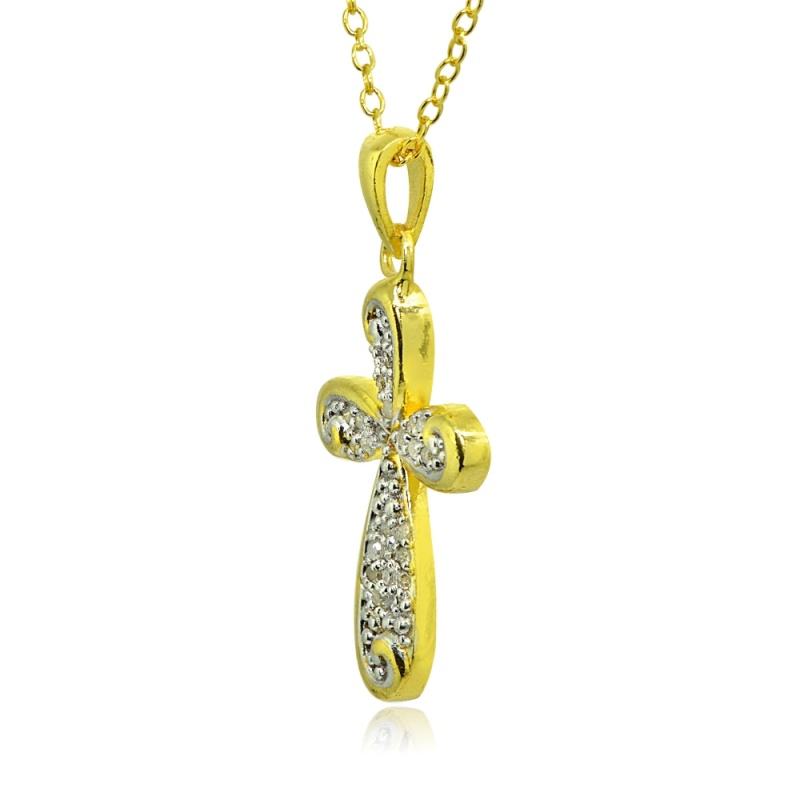 Yellow Gold Flashed Sterling Silver Polished Curved Cross Filigree Swirl Diamond Accent Pendant Necklace, Jk-I3