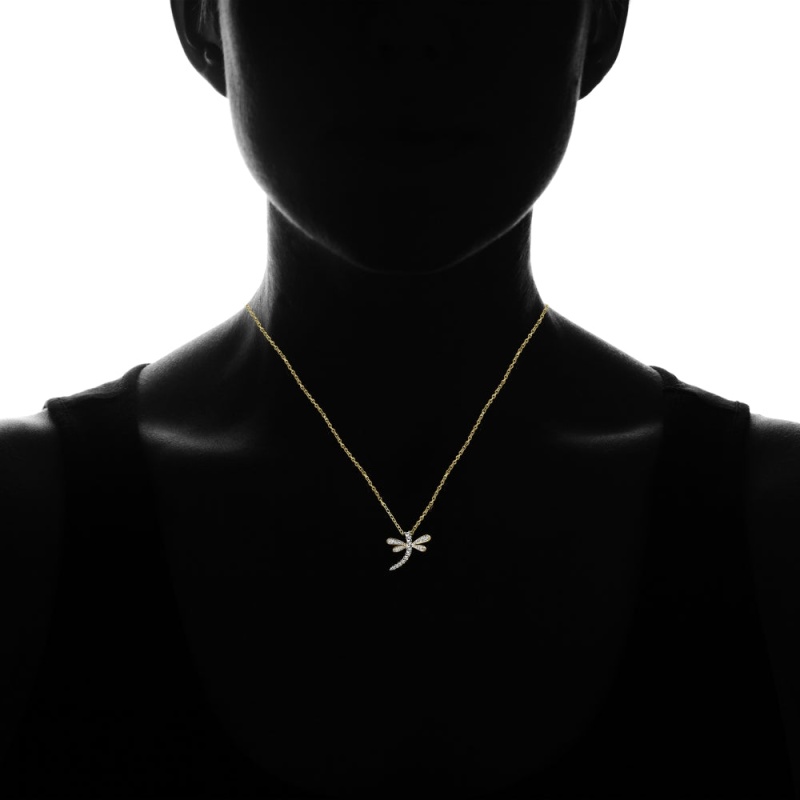 Yellow Gold Flashed Sterling Silver Polished Dragonfly Diamond Accent Pendant Necklace, Jk-I3