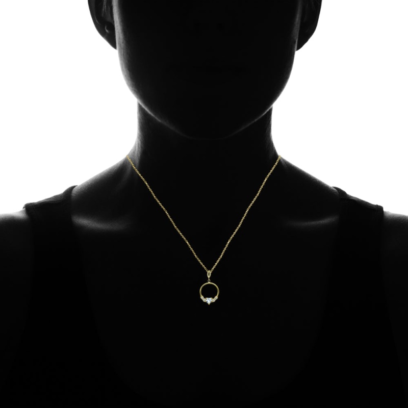 Yellow Gold Flashed Sterling Silver Cubic Zirconia Heart Open Circle Dangle Drop Pendant Necklace