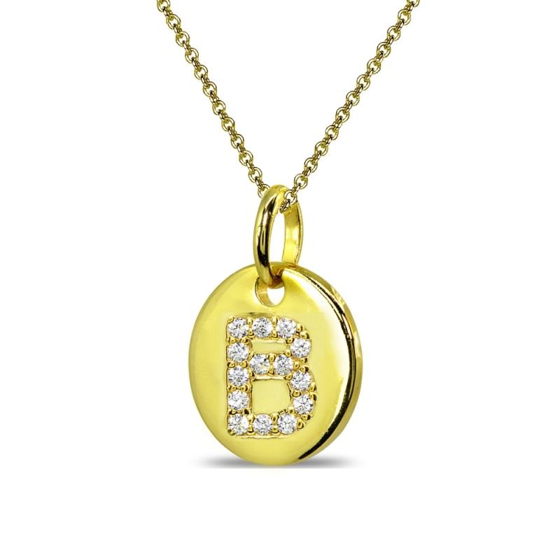 Gold Flash Sterling Silver B Letter Cz Initial Alphabet Name Personalized Pendant Necklace, 15” + Extender