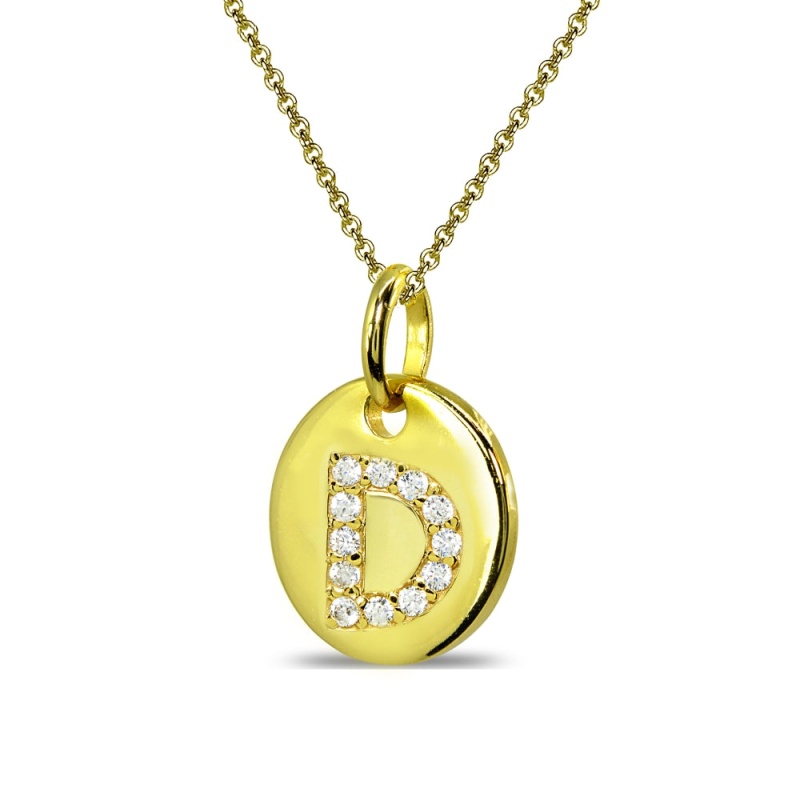 Gold Flash Sterling Silver D Letter Cz Initial Alphabet Name Personalized Pendant Necklace, 15” + Extender