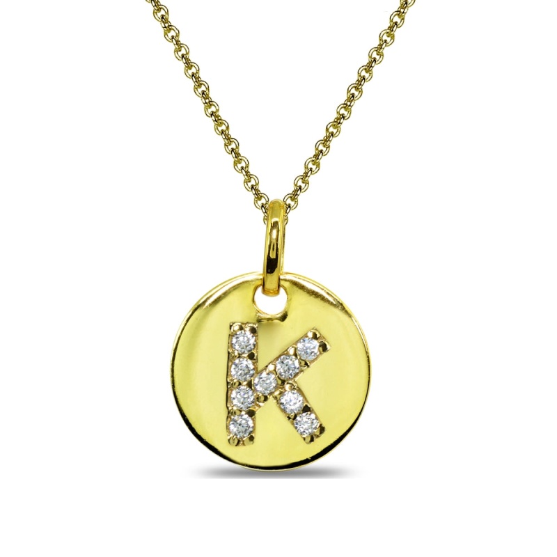 Gold Flash Sterling Silver K Letter Cz Initial Alphabet Name Personalized Pendant Necklace, 15” + Extender