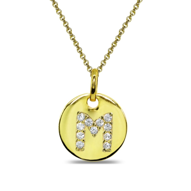 Gold Flash Sterling Silver M Letter Cz Initial Alphabet Name Personalized Pendant Necklace, 15” + Extender
