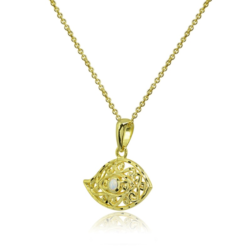 Yellow Gold Flashed Sterling Silver Synthetic White Opal Round Polished Evil Eye Filigree Pendant Necklace