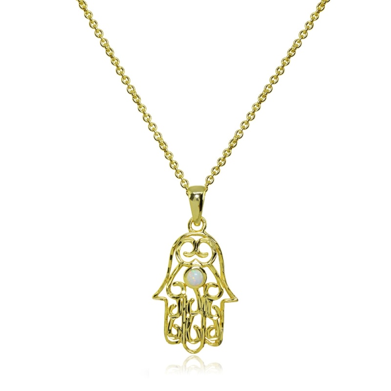Yellow Gold Flashed Sterling Silver Synthetic White Opal Round Polished Hamsa Hand Filigree Pendant Necklace