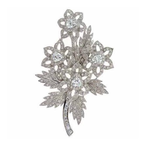 Sterling Silver Created Diamond Cz Extravagant Flower Bouquet Pin