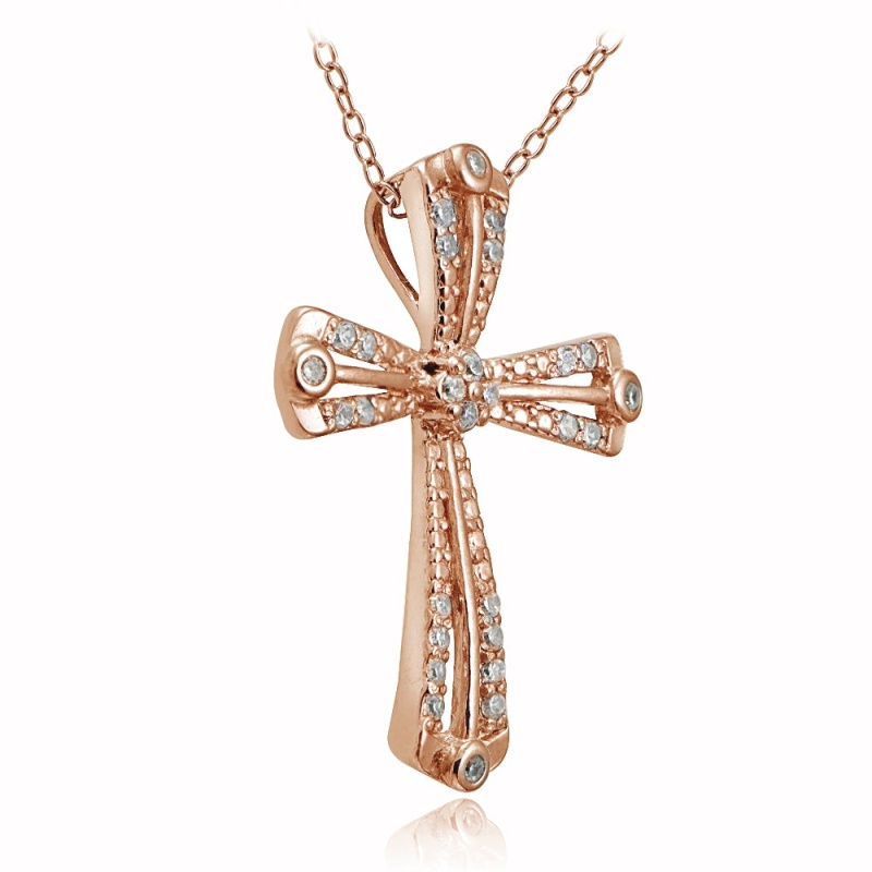 Rose Gold Tone Over Sterling Silver Cubic Zirconia Cross Ribbon Necklace