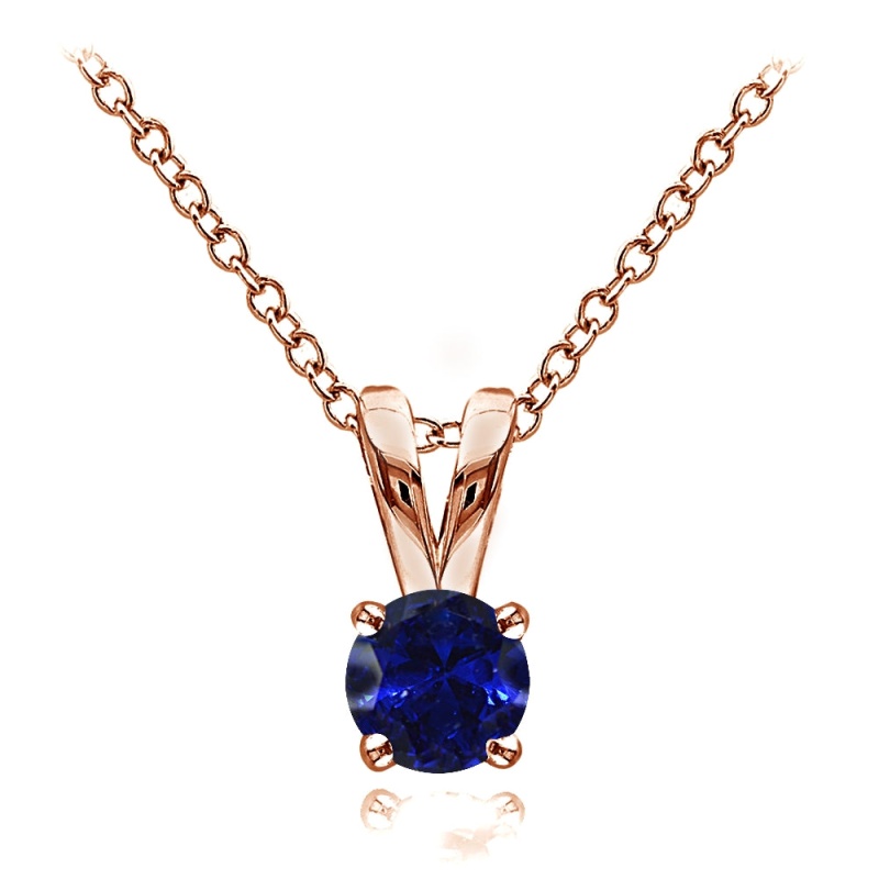 Rose Gold Flashed Sterling Silver Created Blue Sapphire 5Mm Round Solitaire Necklace