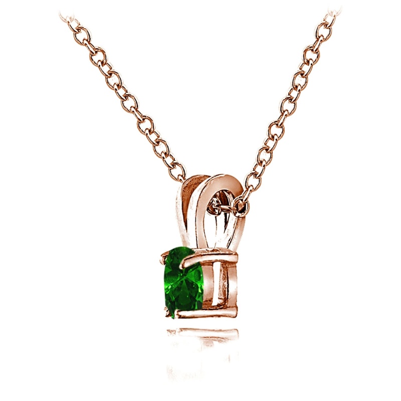 Rose Gold Flashed Sterling Silver Simulated Emerald 5Mm Round Solitaire Necklace