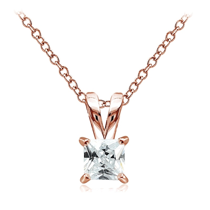 Rose Gold Tone Over Sterling Silver 3/4Ct Cubic Zirconia 5Mm Square Solitaire Necklace