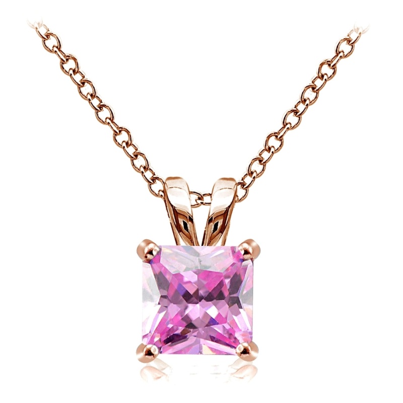 Rose Gold Tone Over Sterling Silver 3Ct Light Pink Cubic Zirconia 8Mm Square Solitaire Necklace
