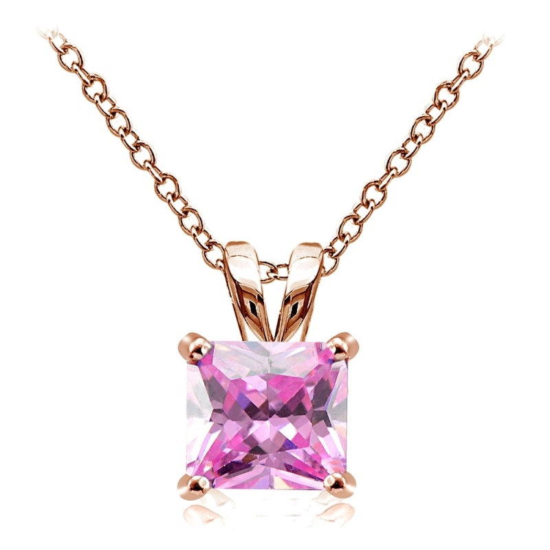 Rose Gold Tone Over Sterling Silver 5.5Ct Light Pink Cubic Zirconia 10Mm Square Solitaire Necklace
