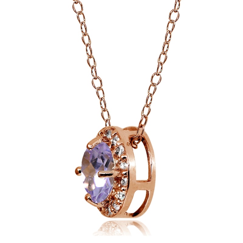 Rose Gold Flashed Sterling Silver Amethyst And Cubic Zirconia Accents Round Halo Necklace