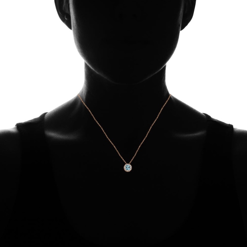 Rose Gold Flashed Sterling Silver Blue Topaz And Cubic Zirconia Accents Round Halo Necklace