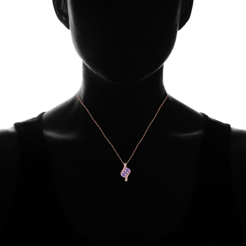 Rose Gold Flashed Sterling Silver Created Amethyst Round Two Stone And Cz Accents Necklace
